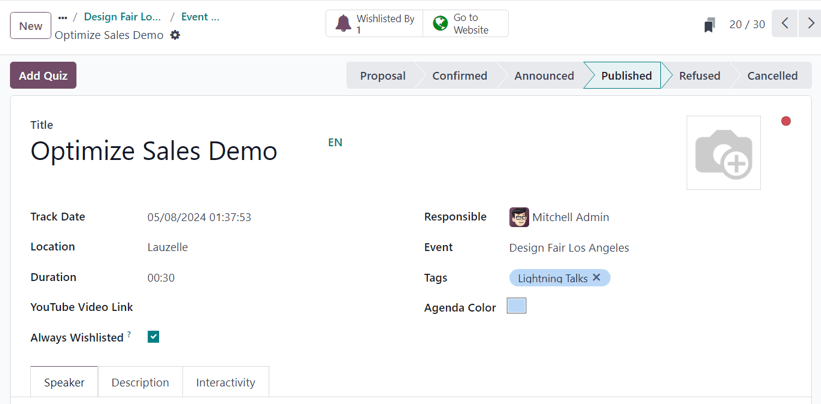 Typical event track form in the LeanSoft Events application.