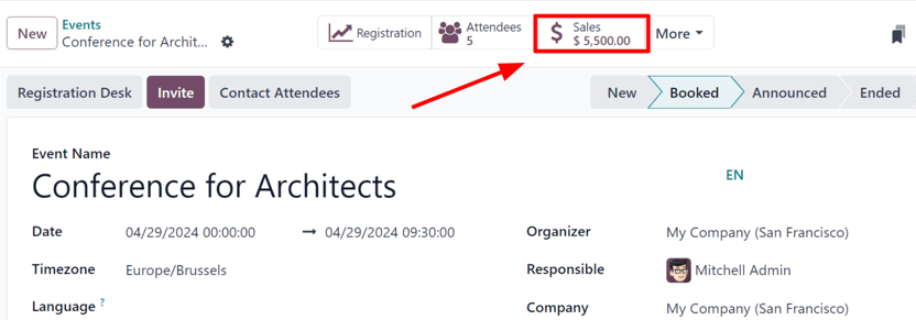 View of an event's form and the sales smart button in LeanSoft Events.