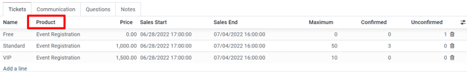 View of an event form highlighting the column product under the tickets tab in LeanSoft.