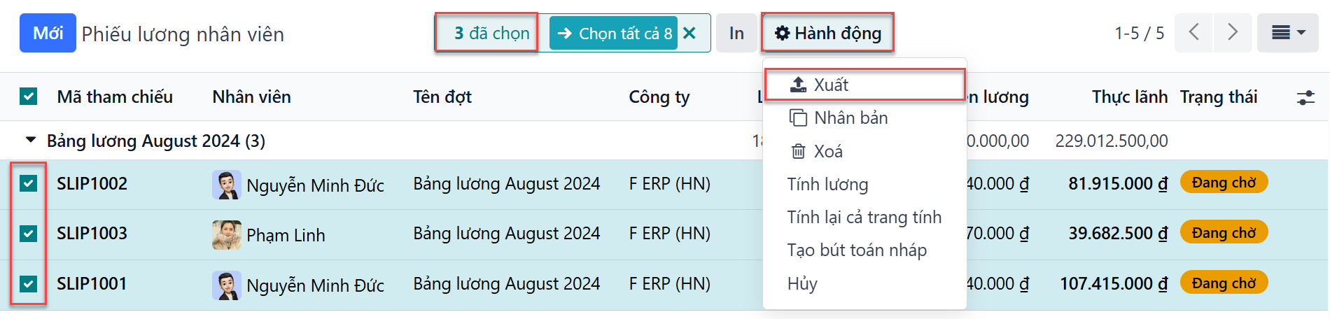 Danh sách cá nhân các phiếu lương nhân viên với ba phiếu lương được chọn để xuất.