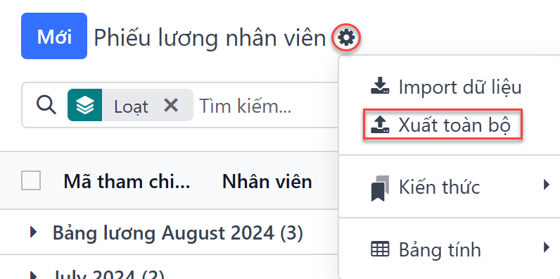 Nhấn vào nút Xuất Tất Cả để xuất tất cả các phiếu lương ra Excel.