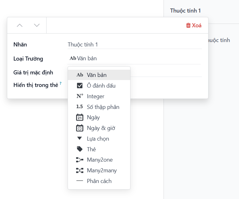 Danh sách thả xuống các loại trường thuộc tính