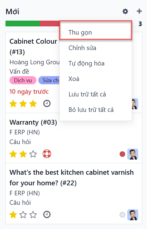 Chế độ xem Kanban của một giai đoạn Hỗ trợ, với tùy chọn thu gọn tạm thời được nhấn mạnh.