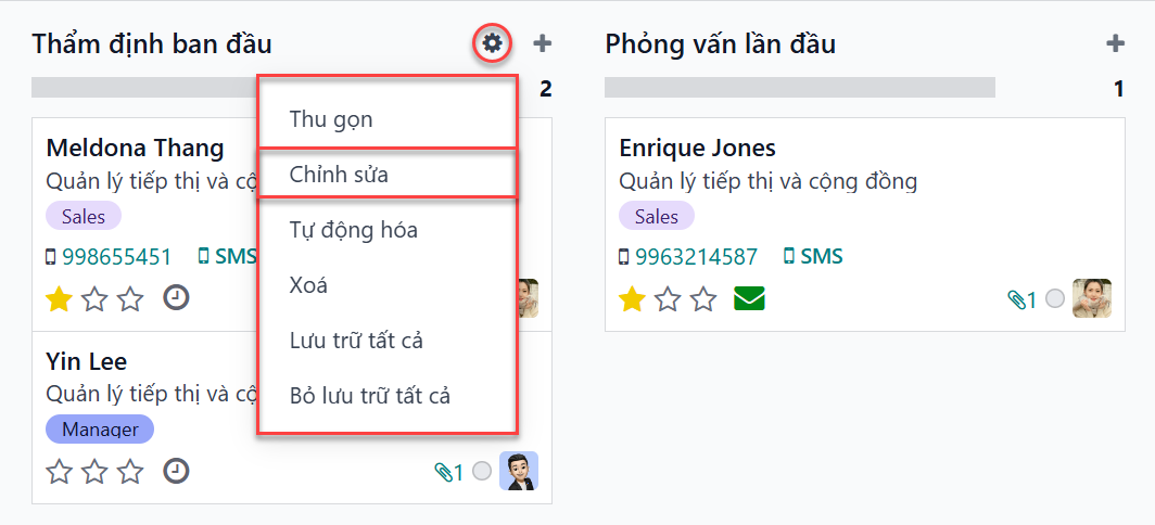Biểu tượng bánh răng xuất hiện khi di chuột qua tên cột, và menu thả xuống hiển thị khi nhấp vào.