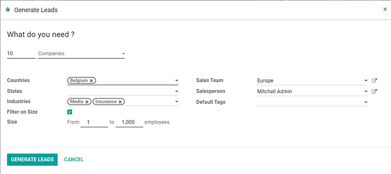 Cửa sổ pop-up với các tiêu chí lựa chọn để tạo ra khách hàng tiềm năng trong LeanSoft.
