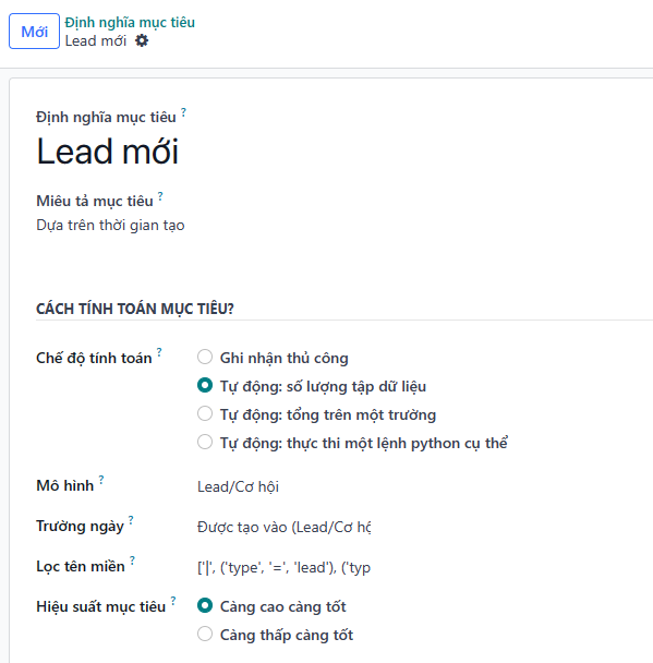 Hình ảnh của biểu mẫu định nghĩa mục tiêu và một mục tiêu đang được tạo cho LeanSoft Sales