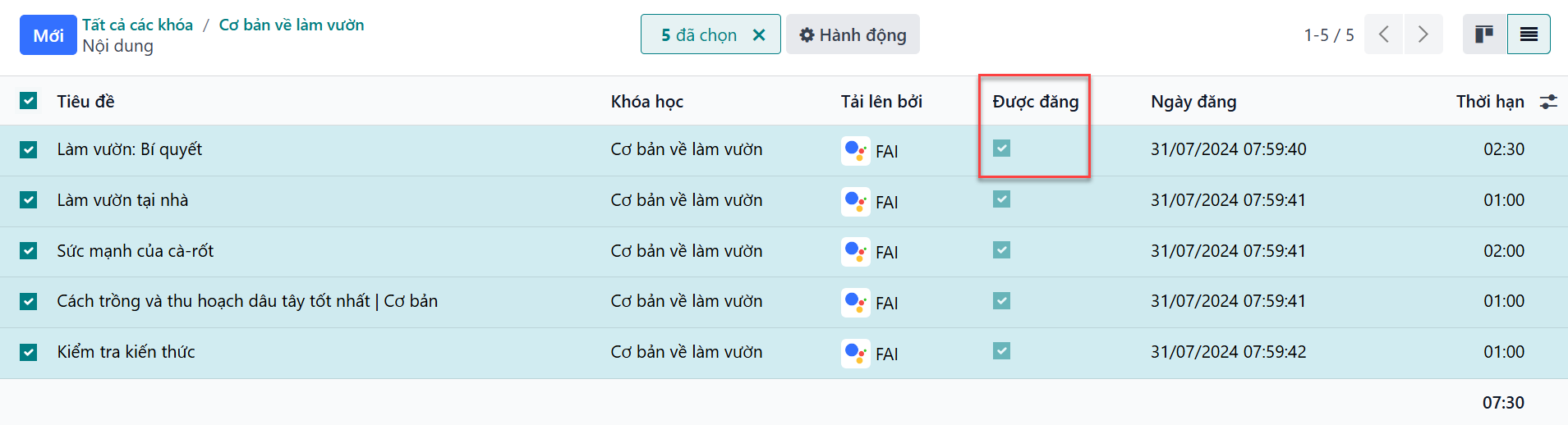 Xem nội dung khóa học đang được xuất bản trong giao diện quản trị của LeanSoft Hỗ Trợ.