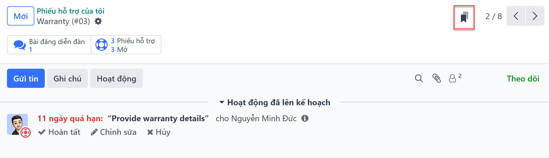 Hình ảnh của một thông điệp trong Hỗ trợ tập trung vào biểu tượng đánh dấu trang Kiến Thức.