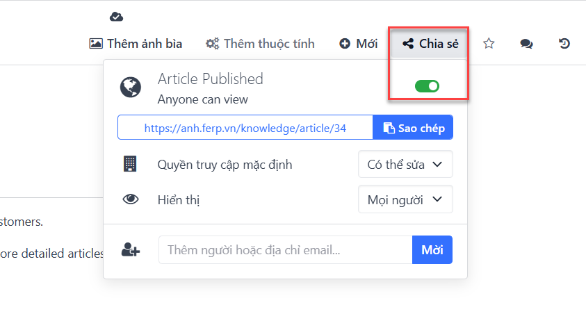 Hình ảnh một bài viết kiến thức tập trung vào các tùy chọn chia sẻ và xuất bản.
