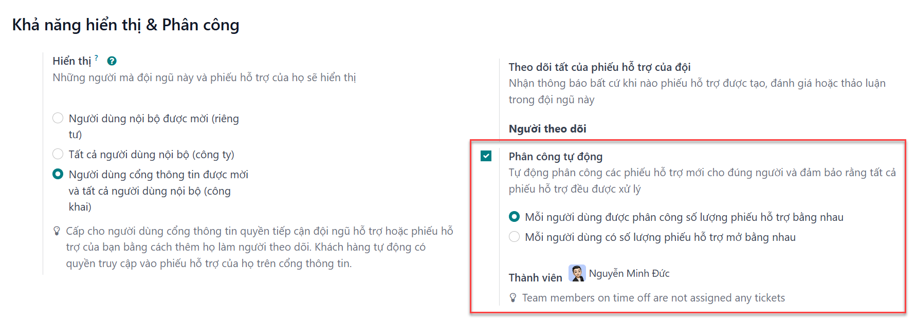 Giao diện trang cài đặt đội ngũ Hỗ trợ nhấn mạnh các tính năng Phân công tự động trong LeanSoft Hỗ trợ.