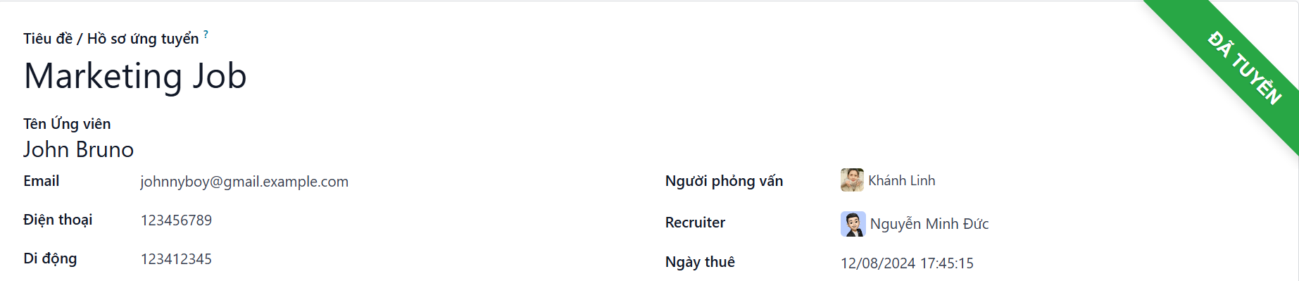 Biểu ngữ Đã Tuyển ở góc trên bên phải của thẻ ứng viên.