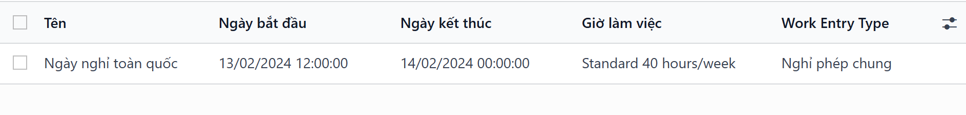 Danh sách các ngày lễ công cộng trong menu cấu hình.
