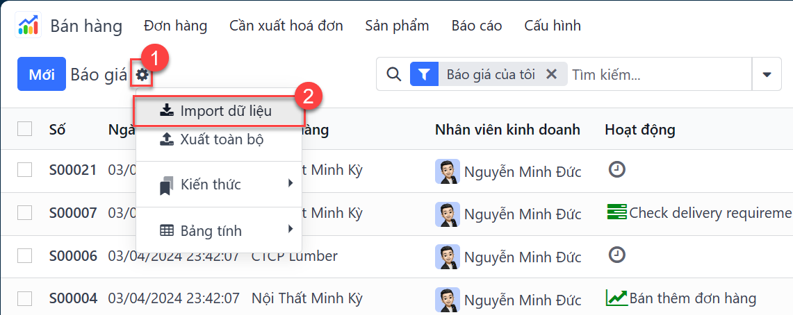 Menu hành động hiển thị với tùy chọn nhập bản ghi được tô đậm.