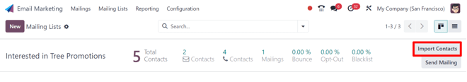 The import contacts button of a mailing list line in LeanSoft Email Marketing.
