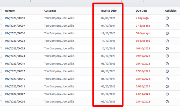 Cột Ngày hóa đơn trên trang hóa đơn đăng ký trong ứng dụng LeanSoft Subscriptions.