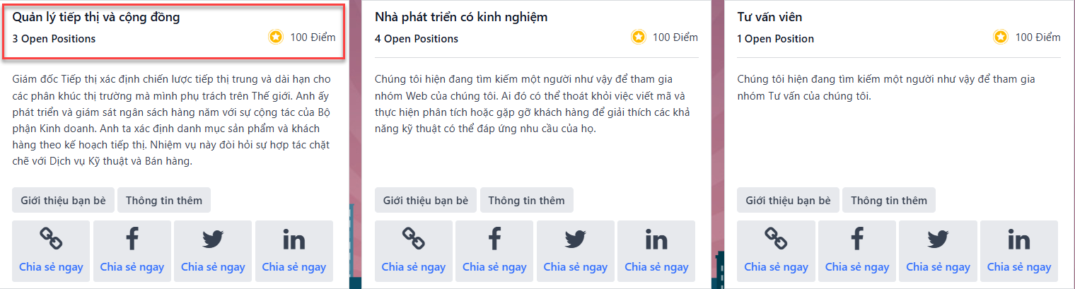 Màn hình 'Xem Công việc', hiển thị tất cả các vị trí công việc đang mở. Tất cả thông tin được hiển thị trên thẻ.