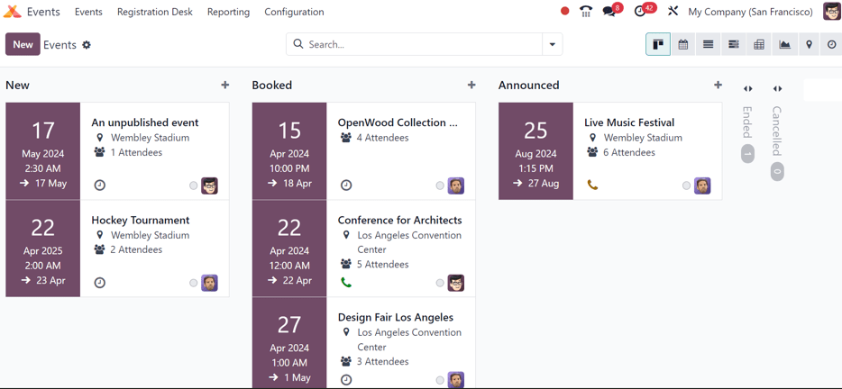 Tổng quan về cài đặt sự kiện với chế độ xem kanban trong LeanSoft Sự kiện.