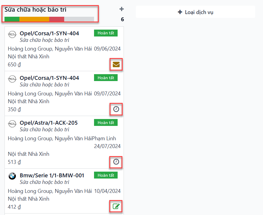 Các bản ghi dịch vụ được trình bày trong chế độ xem Kanban.
