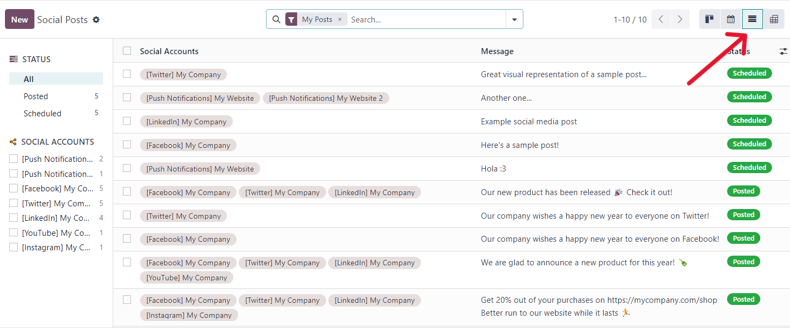 View of the list option on the posts page in LeanSoft Social Marketing.