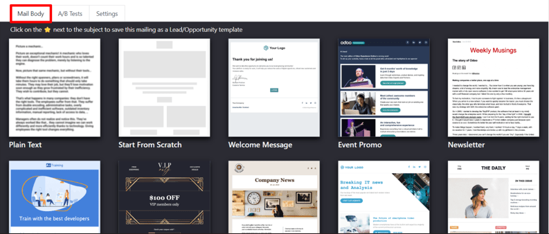 Xem các mẫu trong tab Nội dung email trong ứng dụng LeanSoft Email Marketing.