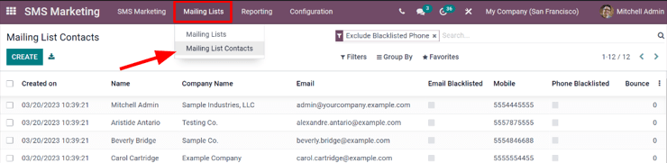View of the mailing lists contact page in the LeanSoft SMS Marketing application.