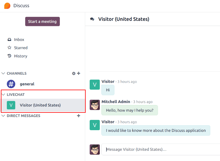 View of the discuss application with a message sent through live chat in LeanSoft.