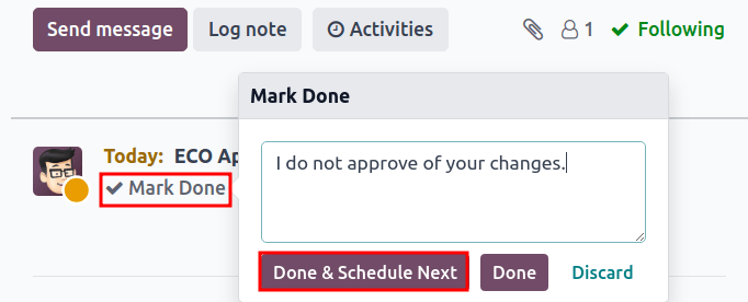 Hiển thị cửa sổ *Mark Done* với các nút *Done & Schedule Next*, *Done*, và *Discard* để đóng hoạt động đã được lên kế hoạch.