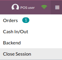 Menu thả xuống để đóng phiên POS, truy cập backend, thêm hoặc rút tiền hoặc kiểm tra đơn hàng