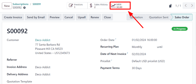 Nút thông minh MRR trong ứng dụng LeanSoft Subscriptions.