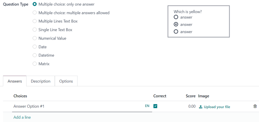 Tab đáp án với tùy chọn câu trả lời trắc nghiệm được chọn trong Khảo sát LeanSoft.