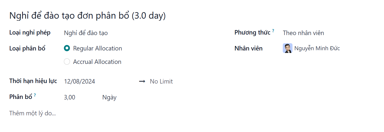Biểu mẫu phân bổ mới với tất cả các trường đã được điền cho kỳ nghỉ hai tuần hàng năm cấp cho tất cả nhân viên.