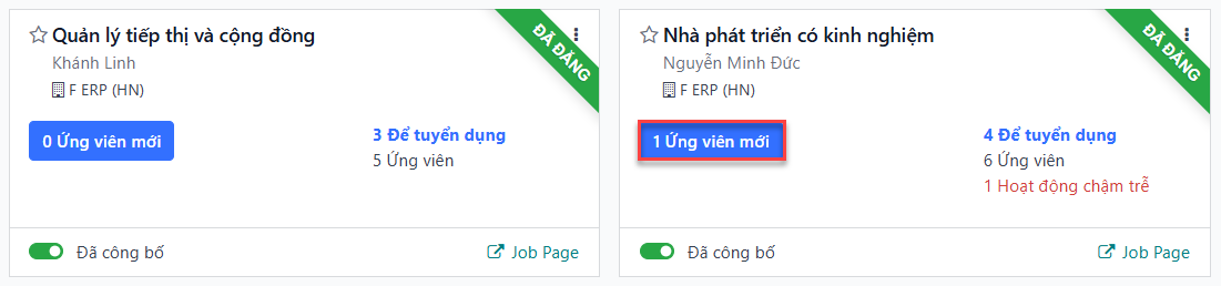 Chế độ xem bảng điều khiển chính của thẻ vị trí công việc, hiển thị nút đơn ứng tuyển mới.