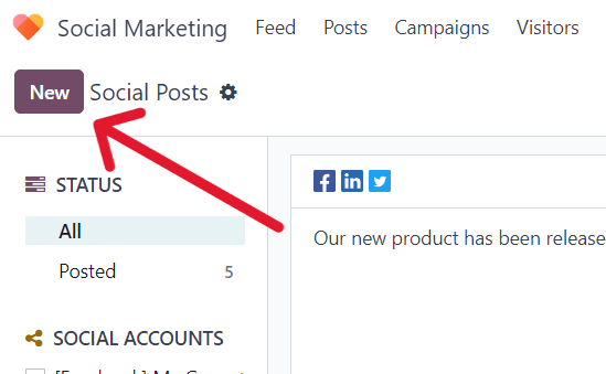 New button on the Social Posts page in the LeanSoft Social Marketing application.