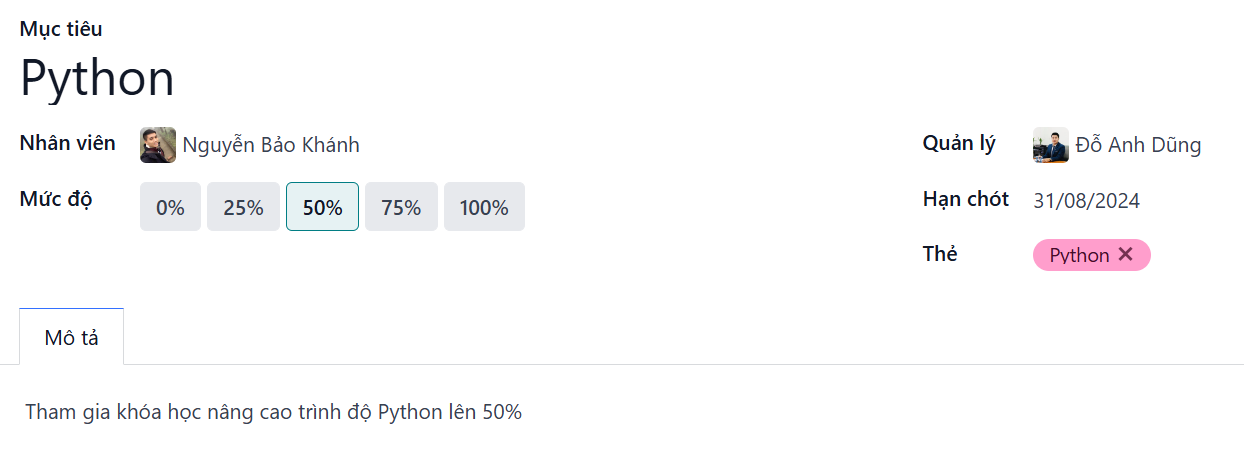 Một biểu mẫu mục tiêu được điền cho kỹ năng Python, đặt ở mức 50% năng lực.