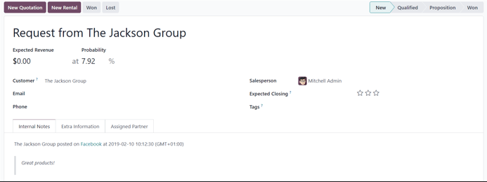 New lead detail form generated from a social media comment in LeanSoft Social Marketing.