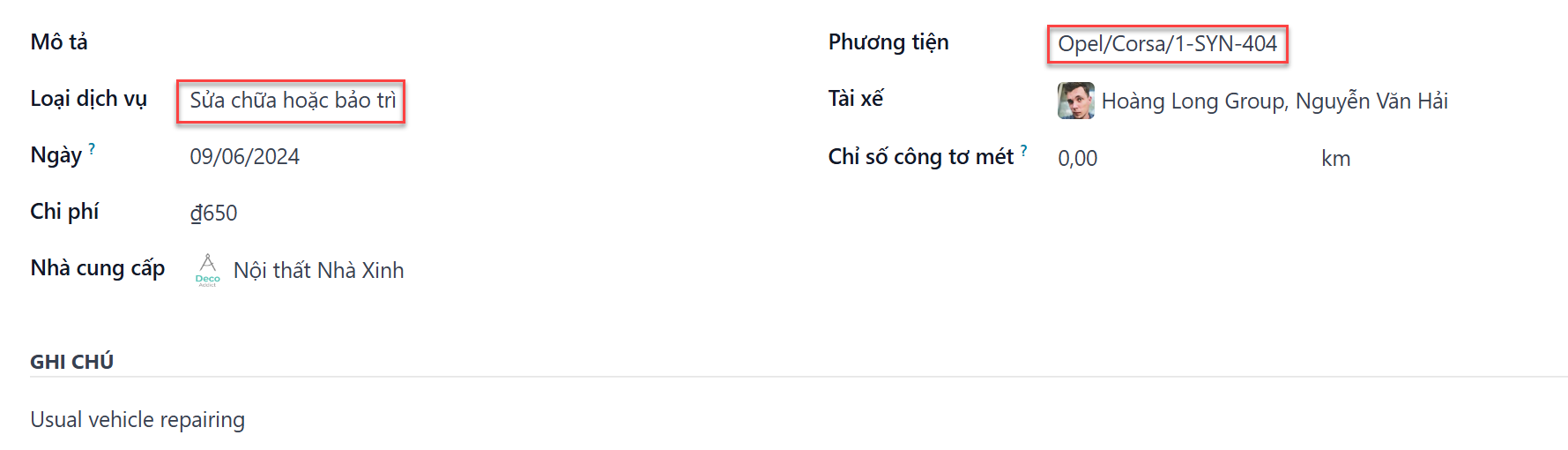 Nhập thông tin cho dịch vụ mới. Các trường bắt buộc là Loại dịch vụ và Phương tiện.