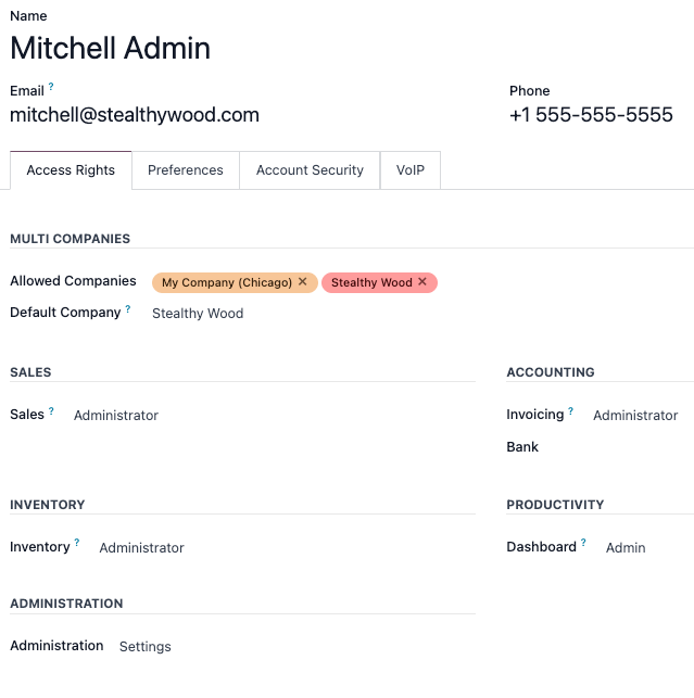 View of a user's form emphasizing the access rights tab in LeanSoft.