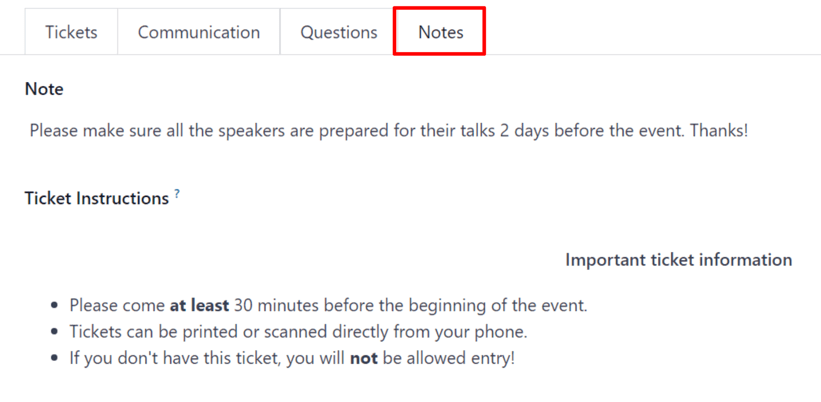 Typical notes tab on an event form in the LeanSoft Events application.