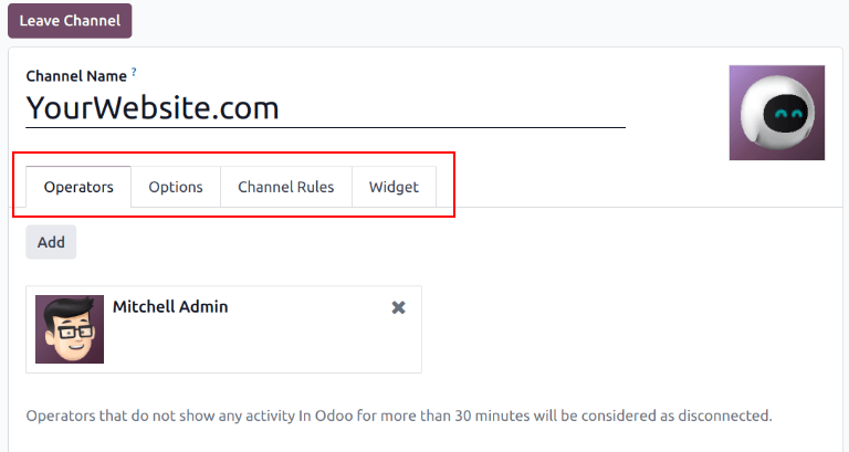 View of a live chat channel form for LeanSoft Live Chat.