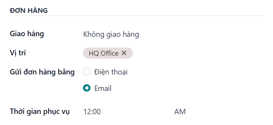 Phần đơn hàng của biểu mẫu nhà cung cấp, với tất cả các trường đã được điền.