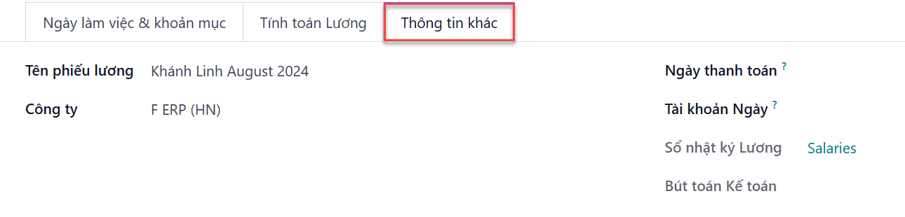 Các trường được điền trong tab thông tin khác.
