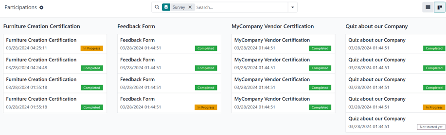 Trang Tham gia ở chế độ Kanban trong ứng dụng Khảo sát LeanSoft.