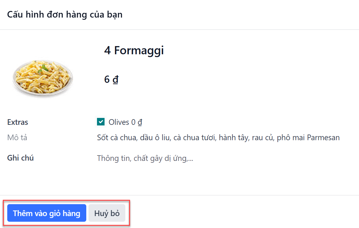 Cửa sổ pop-up cho một formaggi cá nhân, với tất cả các món thêm được làm nổi bật và chọn.