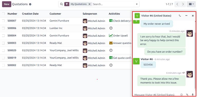 View of a live chat pop up window in an LeanSoft database.