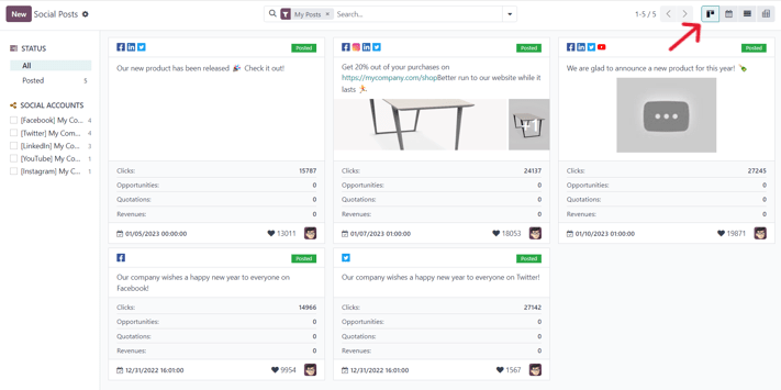 Kanban view of the posts page in the LeanSoft Social Marketing application.