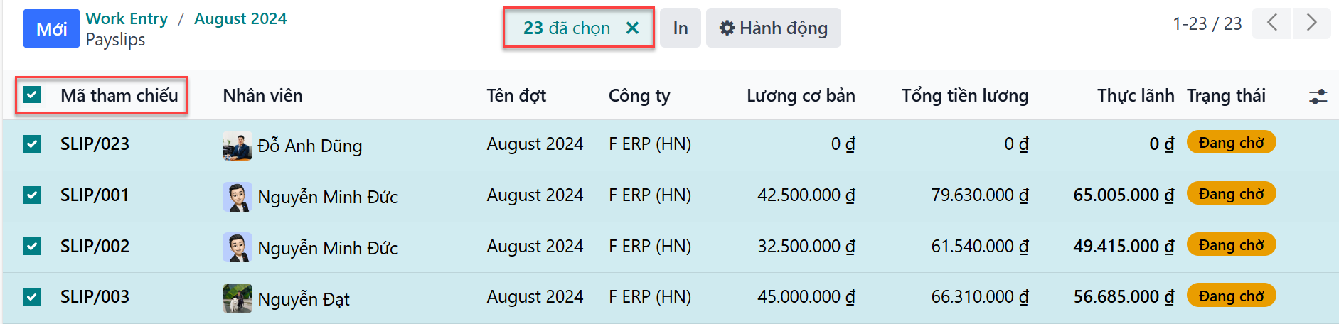 Nút in để in phiếu lương.