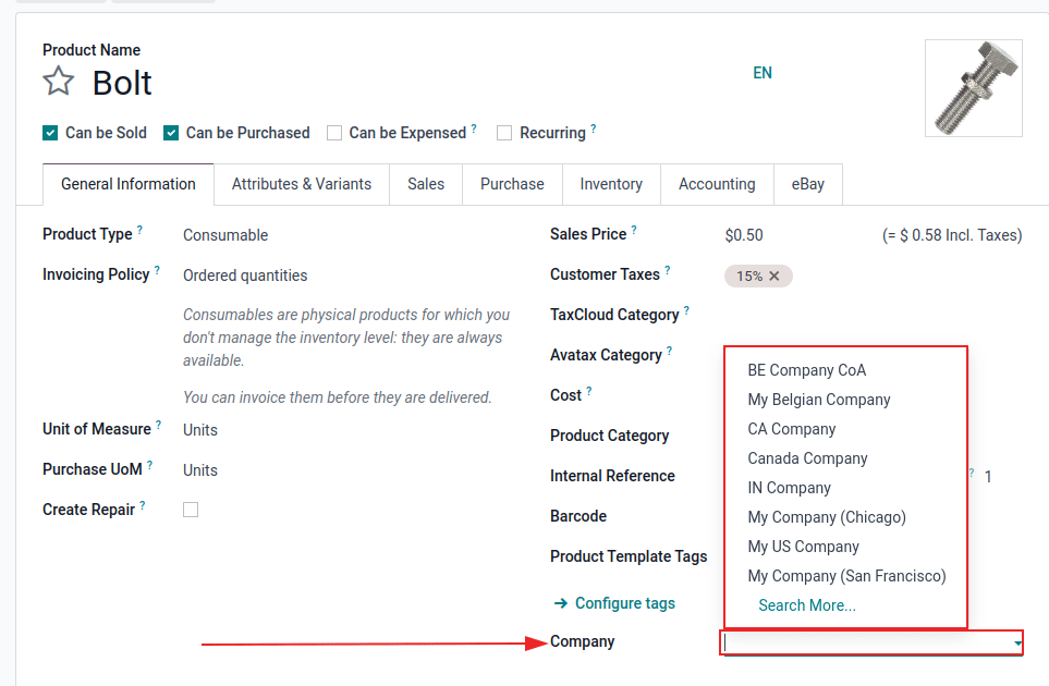 View of a product's form emphasizing the company field in LeanSoft Sales.