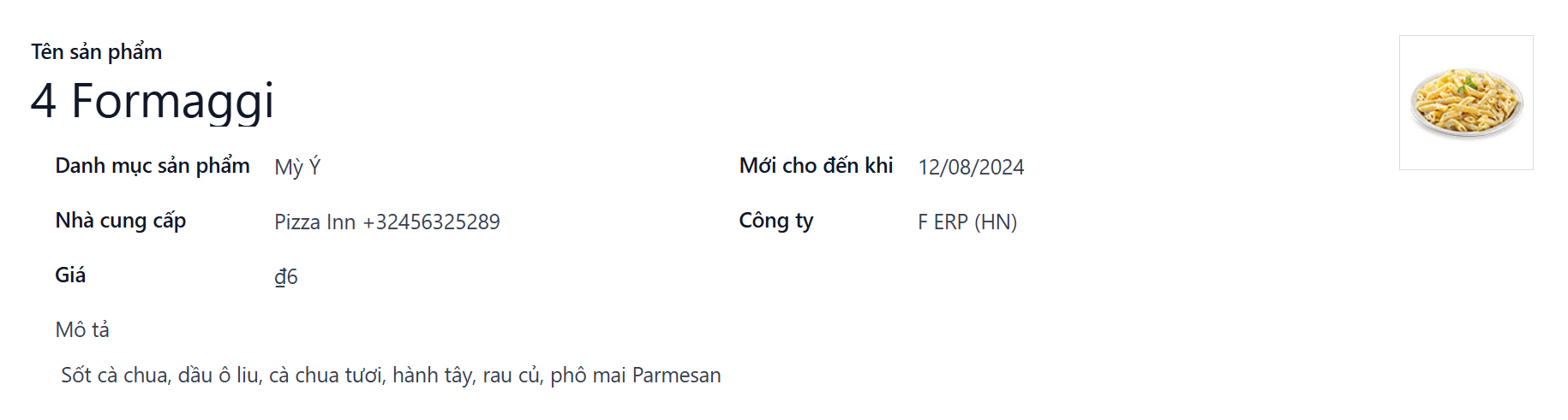 Một biểu mẫu sản phẩm đã được điền thông tin cho pizza chín inch.