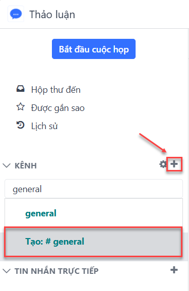 Xem thanh bên của ứng dụng Thảo luận và một kênh đang được tạo trong LeanSoft Thảo luận.