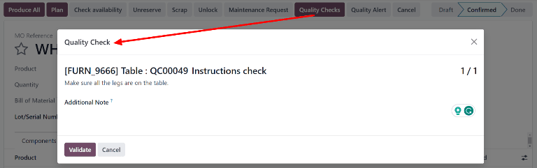Cửa sổ pop-up "Quality Check" trên một đơn hàng sản xuất.